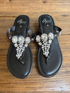 Apri Black Jeweled T-Strap Sandals
